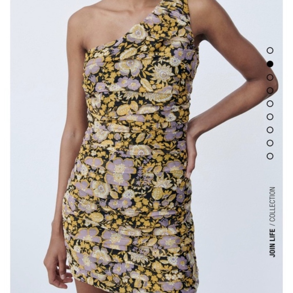 Zara One Shoulder Purple Yellow Floral Ruched Mini Dress - Size Small